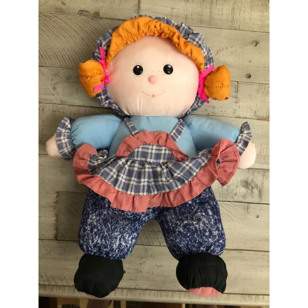 Dolly Mine 1988 Soft Rag Doll Checkered Blue Dress Orange Parachute Hair 14 in